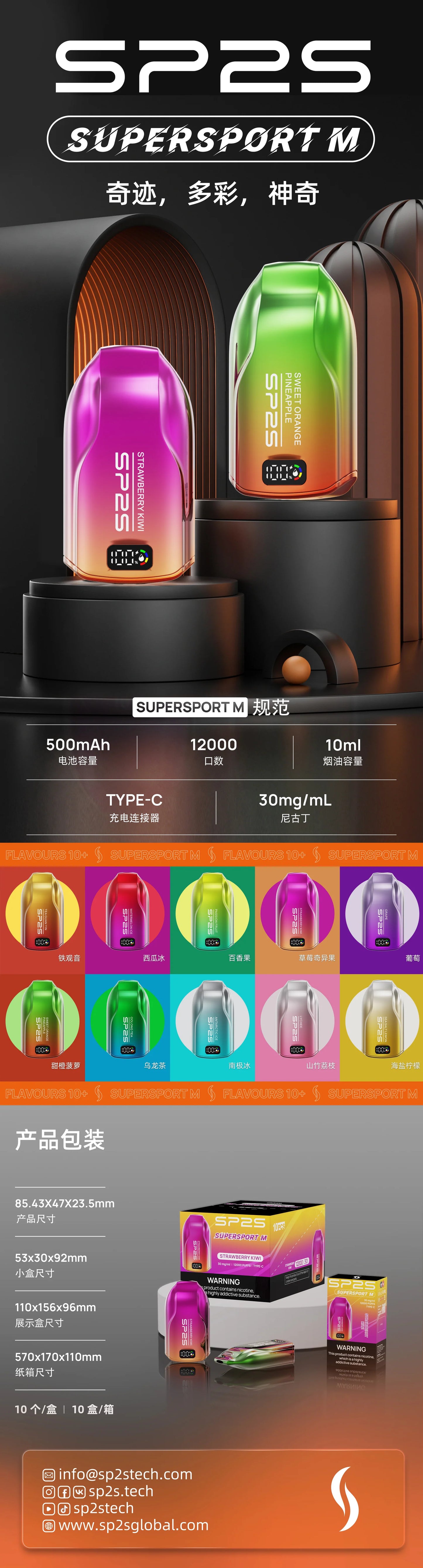 【SP2S拋棄式12000口】思博瑞sp2s一次性電子煙 發光顯示屏 可充電