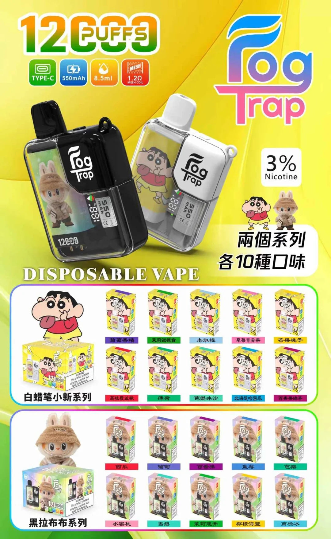 【FOG TRAP拋棄式12000口】Fog Trap 拉布布蠟筆小新聯名款 LCD 顯示 Type-C 充電