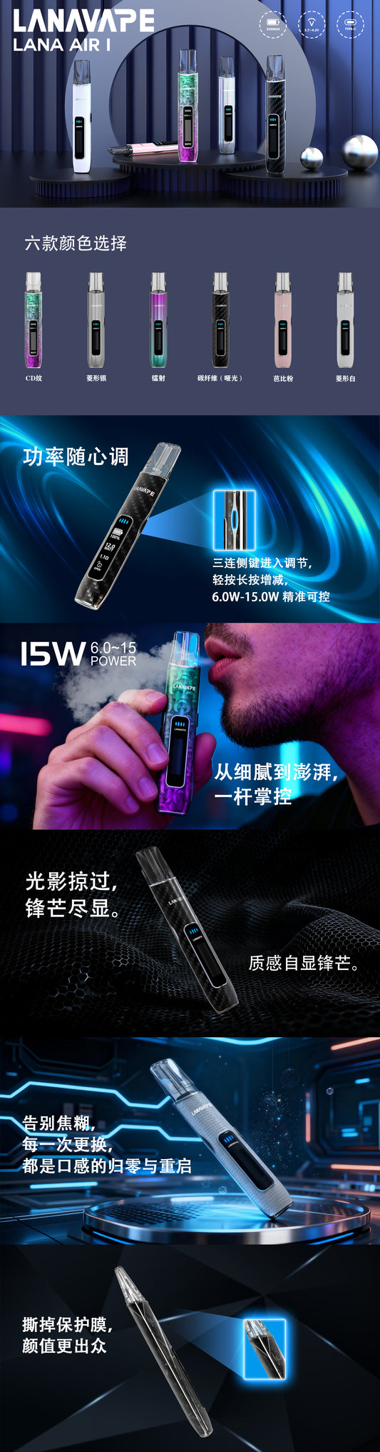 LANA AIR 1 通用一代主機|6W-15W功率精準調節 超大智能液晶屏幕|一代通用電子煙彈